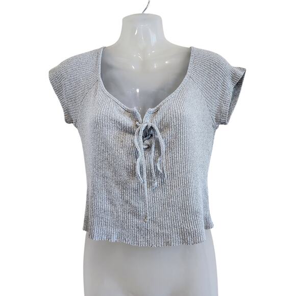 Better Be Lace Up Ribbed Knit Short Sleeve Cropped T-Shirt Gray Size Large - Picture 1 of 6